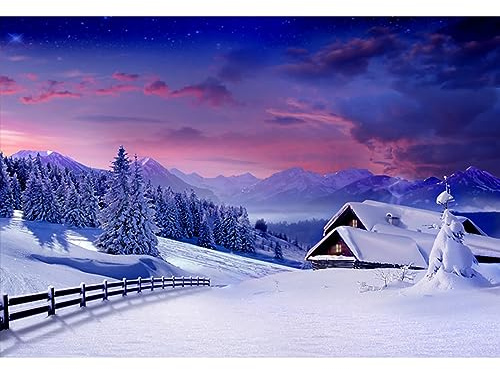 YongFoto 1,5x1m Toile de Fond Paysage Couvert Neige Montagne élégante Village Maison Arbres clôture en Bois Joyeux Noël d'hiver Fond Décors Studio Photo Video Fete Photographie Accesorios