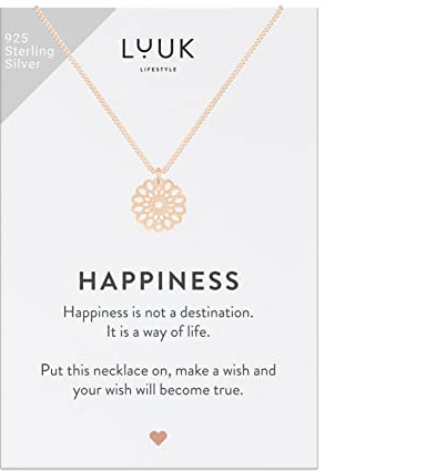 LUUK LIFESTYLE Halsband i 925 Sterling Silver med mandalahänge och ett inspirerande HAPPINESS-kort, lyckoamulett, vänskapsgåva, damsmycken, rosé