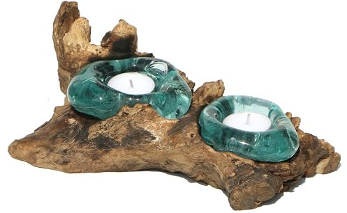 Wogeka - Doppel Teelichthalter - Handarbeit aus Wurzelholz und Glas als Geschenkidee zur Deko Holz Teelicht 2