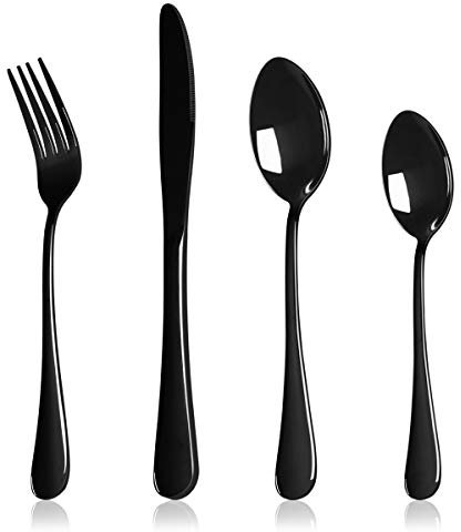 HaWare 24 Piece Black Cutlery Flatware Set, Stainless Steel Silverware with Knife Spoon Fork, Service for 6, Mirror Finish, Dishwasher Safe