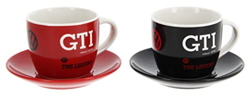BRISA VW Collection Volkswagen set di 2 Tazzine da caffè espresso in porcellana con piattini abbinati, Golf GTI design (GTI The Legend/Rosso & Nero)