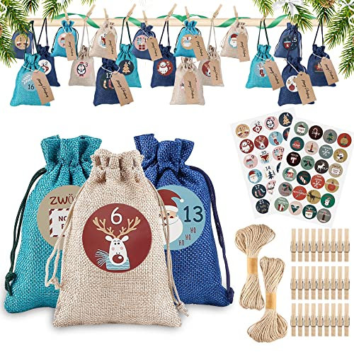 DazSpirit 24 Adventskalender Zum Befüllen,Jutesäckchen Adventskalender 2024 Für Männer Frauen Kinder,Weihnachten Geschenktüten Mit 48 Adventszahlen Aufkleber,DIY Stoffbeutel Weihnachtskalender Tüten