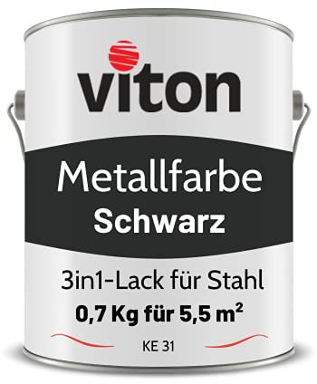 Viton Metallfarbe in Schwarz - 0,7 Kg Metall-Schutzlack Seidenmatt - Dauerhafter Schutz & hohe Beständigkeit - 3in1 - Metalllack direkt auf Rost - KE31 - RAL 9005 Tiefschwarz