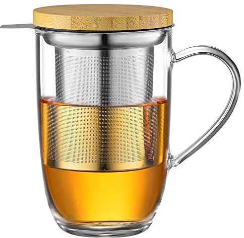 ecooe 440ml Taza de Te con Filtro y Tapa, Tazas de Te Grande de Borosilicato con Filtro de 18/10 INOX, para Te Negro Te Verde Té de Frutas