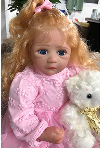 YIHANGG 3D-gemalte Haut Reborn Babypuppe Mit Langen Blonden Haaren 22 Zoll 55cm Weiches Vinyl-Silikon Prinzessin Mit Rosa Rock Kleinkindpuppen Für Mädchen Spielkamerad Weihnachten Geschenk,Blue Eyes