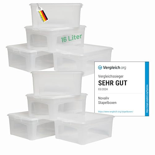Novaliv 8x Aufbewahrungsboxen mit Deckel 16L transparente Boxen stapelbare Nestbar Storage boxes mit Clipverschluss Kunststoff BPA-frei 41x34x17 cm