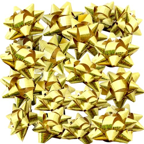OXYN Set Coccarde Fiocchi Stelle Decorazione per Regali Pacchi Natale Compleanno Feste Matrimoni Confezione Artigianato Confezionamento Autoadesivi Scintillanti Adesive (20pz 5cm, Oro)
