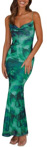 PRETTYGARDEN Adjustable Straps Sleeveless Summer Dresses for Women 2026 Floral Mesh Bodycon Sexy Dress Backless Maxi Dress (Green,Small)