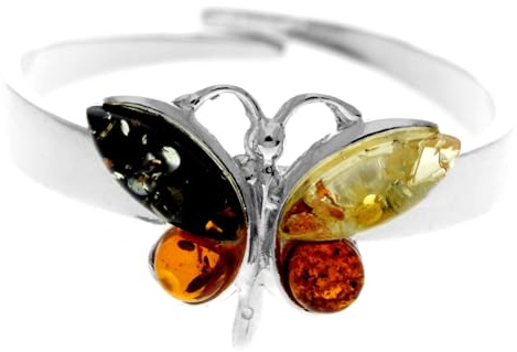 SilverAmber Jewellery AR15 - Anillo ajustable de plata de ley 925 con diseño de mariposa de ámbar báltico auténtico, Plata de ley, Ámbar