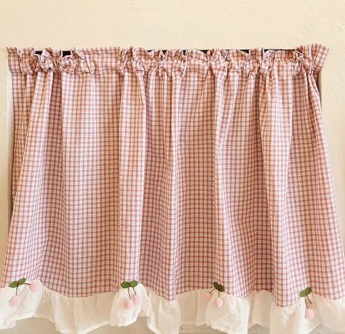 A.Monamour Gardine Scheibengardinen Kurzstores Blickdicht Rosa Weiß Kariert Gingham Bauernhaus Kurzvorhang Kurzgardinen Küchengardine Küche Vorhang Fenster Kurz Stores Bistrogardine