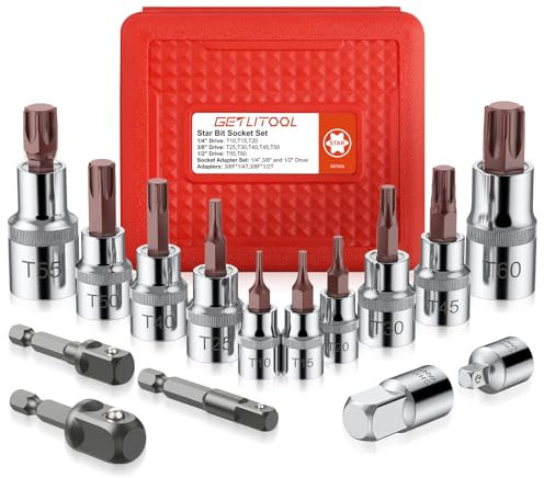 GETLITOOL Torx Bit Steckschlüsselsatz, 15tlg. Torx T10-T60 Nuss bit mit Stecknuss Adapter bit set, S2-legierter Stahl Profi Stecknüsse Bit Satz für Drehmomentschlüssel, bohrer set, ratsche