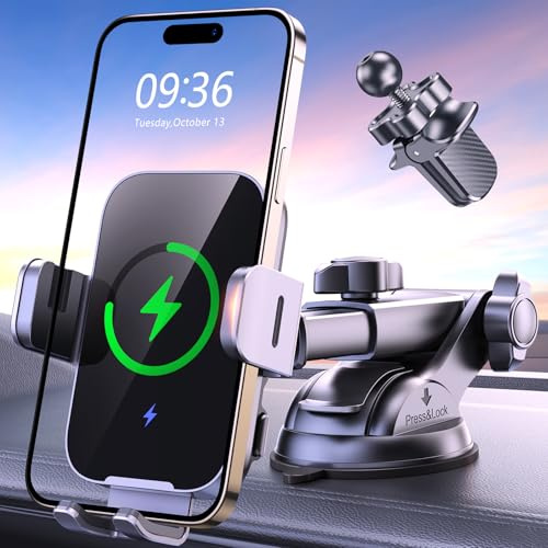 ISEYOU 15W Support Telephone Voiture Induction, [Serrage Automatique] Chargeur Induction Voiture Ventouse Sans Fil avec QC 3.0 Chargeur Adaptateur Rapide Compatible avec iPhone17 16 15 Pro Max, Galaxy