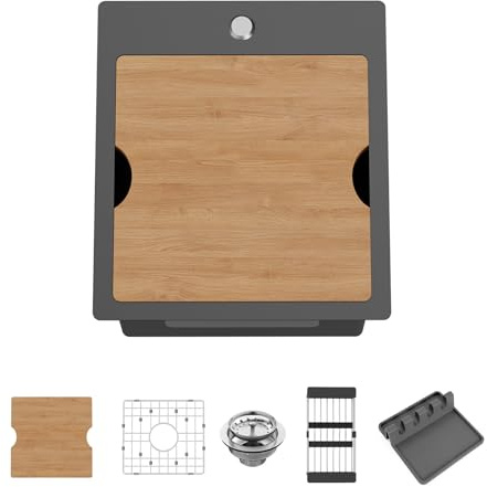 KOARDINK Black 15x17 Inch Kitchen Sink Workstation,Drop-in,Stainless Steel | Modern Single Bowl Small Sink Combo, Include Grid,Colander,Cutting Board,Silicon Mat Compatibility With Various Kitchen&Bar