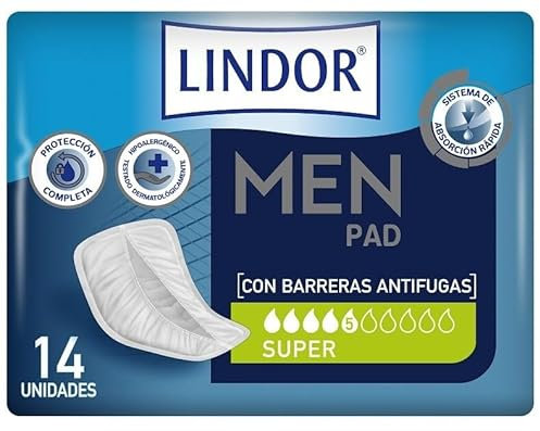 Lindor Men: Protectores para Hombres con Pérdidas de Orina, Super, Compresas y Absorbentes para Incontinencia, 14 unidades