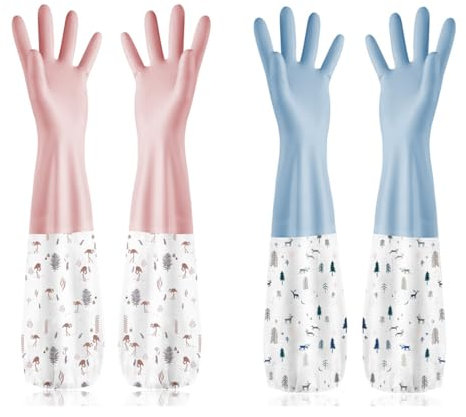 XPEX 2 Paia Guanti Di Pulizia In Gomma,Guanti Per Lavare i Piatti Da Cucina,Guanti Pulizia Casa,a Polsino Lungo In Cotone,Foderati Per Uso Domestico,Per Lavanderia,Giardinaggio(L)