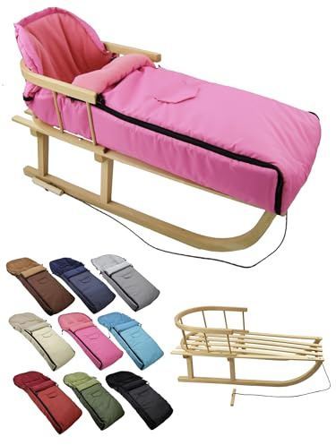 Kombi-erbjudande [träsläde universell vinteråkpåse 108 cm] kälke med ryggstöd och dragrep, fotsäck, lämplig för babystol, barnvagn, buggy med termofleece (rosa)