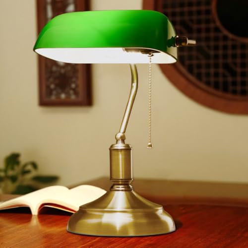 AoLa Lampe de banquier traditionnelle vert avec interrupteur à tirette lampe de table Intérieur Vintage Design vert verre abat-jour 1 flamme E27 douille lampe de table, sans source de lumière