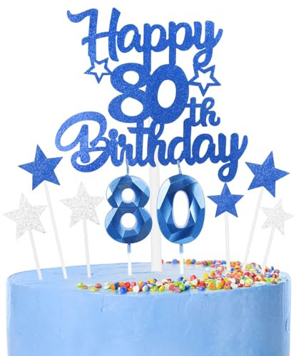 Décoration Bleu Gâteau 80 Ans Anniversaire,9 Pièces Cake Topper 80 Ans,Bougies, Étoiles & Cœurs pour Cupcakes Décoration de Gâteau pour Femmes/Homme