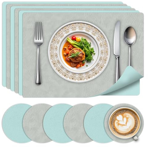 Set di 6 tovagliette e sottobicchieri-Tavagliette resistenti al calore lavabili, tovagliette in pelle a doppia faccia con design antiscivolo per cucina, casa, ristorante,Grigio chiaro+azzurro cielo