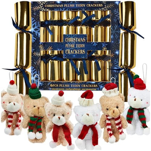 KreativeKraft Luxury Christmas Crackers, Set of 6 Deluxe Xmas Crackers, Plushies Hanging Xmas Tree Ornaments, Fun Novelty Party Gifts Christmas Decor (Gold)