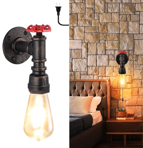 TIGKHAE Water Pipe Wall Lights Vintage Steampunk Wall Light Fixture with Plug in Cord Wall Sconce for Barn Stair Small Wall Lamps E26 Industrial Farmhouse Cafe Garage Wall Mounted Lighting with Switch