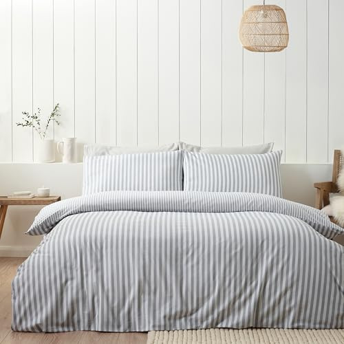 Catherine Lansfield Set copripiumino singolo reversibile in cotone spazzolato a righe con federa, grigio argento