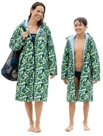 Owntop Simparkas barn vuxen | Vattentät & Sherpa Foder | Kardborrbandsarm Lapp | Överdimensionerad surfponcho ombytesrock, Kamouflagegrön, S