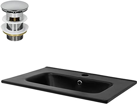 LuxeBath Waschbecken Keramik Schwarz 610x460x165 mm eckig mit Ablaufgarnitur Silber, Einbauwaschbecken mit Hahnloch/Überlauf, Aufsatzwaschbecken Einbauwaschtisch Waschschale Waschplatz Handwaschbecken