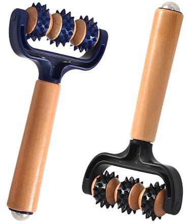 2 Stück Massageroller – Faszienrolle mit Griff aus Holz mit Igelball, Massagegerät für Beine, Rücken, Arme, Schultern, Gesicht, Igelball Fußmassage zur Muskelentspannung (Schwarz+Blau)