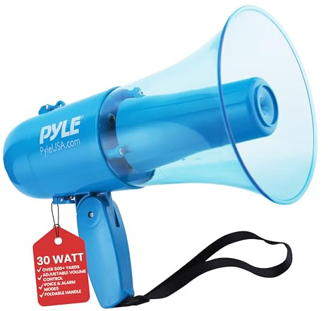 Pyle 30W Waterproof Megaphone Siren Bullhorn Speaker, Battery Portable Bullhorn for Indoor & Outdoor Use, 500 Square Yards Range,4 C Batteries Needed Record Siren/Music (Transparent Blue)
