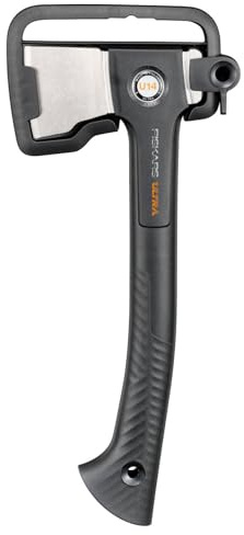 Fiskars Ultra Hacha Universal U14, Compacta y multiusos, Jardín y actividades exteriores, Revestimiento ToughCoat, Equilibrio optimizado, Hoja acero al carbono/Mango FiberComp, 35,5 cm, Negro, 1086010