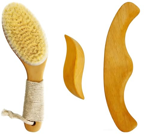 Vestamore 3-teiliges Massage-Set, Holz-Massagewerkzeug-Set mit Trockenbürste, Rückenschrubber, Naturborsten, Holztherapie für Lymphdrainage, Peeling