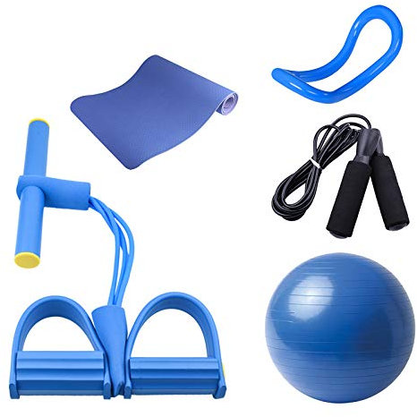 JMSL Esterilla de Yoga, Traje de Cinco Piezas, Tensor de 4 Tubos, Anillo de Yoga, Pelota de Pilates de, Cuerda de Saltar Negra, para Oficina, hogar y Gimnasio (2 Piezas),Azul