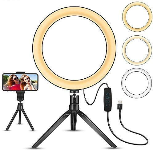 Anello luminoso da tavolo con mini treppiede e supporto per telefono cellulare per Live Stream/trucco, mini led fotocamera Ringlight per YouTube video/fotografia compatibile con iPhone Xs Max XR