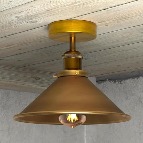 LEDSone Yellow Brass Ceiling Light Fitting 22cm Metal Cone Shade Vintage | E27 close to ceiling lamp farmhouse industrial ceiling rose for living room bedroom hallway kitchen without bulb