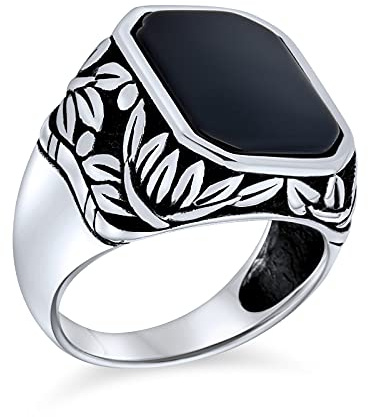 Personalize Retro Vintage Style Elegant Leaf Vine Accent Black Onyx Gemstone Octagon Rectangle Signet Ring Western Jewelry For Men Heavy Oxidized .925 Sterling Silver Handmade In Turkey
