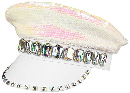 Boland 33021 - Mütze Sandy Candy, Weiß-Silber, mit Wendepailletten und Schmucksteinen, Rock-Star, Punk-Lady, Hut, Kostüm, Karneval, Mottoparty