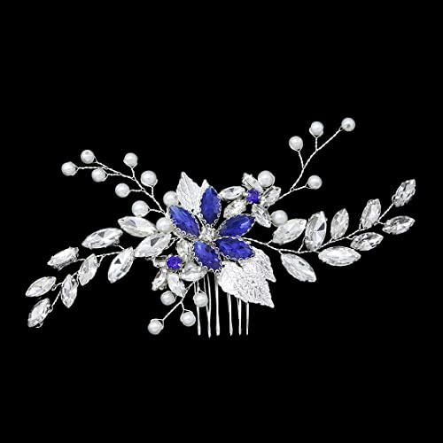 Prosy Pettinino per capelli da sposa con perle argentate, accessorio per capelli da sposa, per donne e ragazze (cristallo argento-blu)