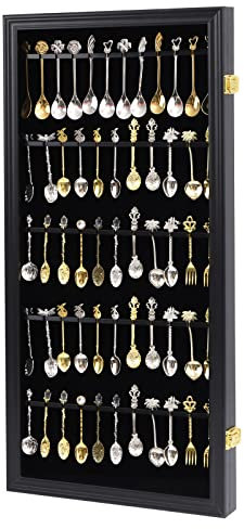 COMSREV 60 Souvenir-Teelöffel-Vitrine, Sammlerregal, Wandhalterung, Holz, 98% UV-Acryl, abschließbar, Schwarz