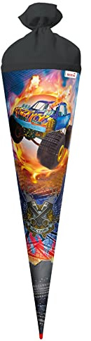 ROTH Schultüte groß Monstertruck Fire 70 cm - rund Rot(h)-Spitze Filzverschluss - Zuckertüte Schulanfang