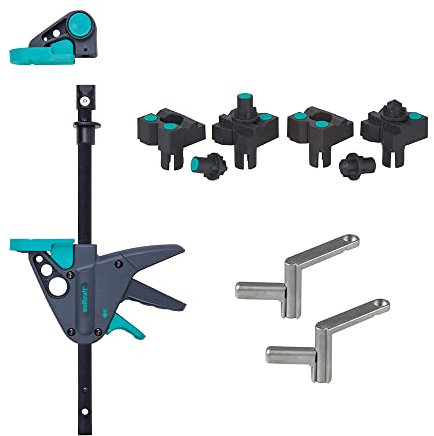 wolfcraft I Projekt-Set „Spannen und Lackieren“ I DIY Zubehör zum Streichen und Fixieren von flachen & runden Werkstücken auf allen Tischen mit 20-mm-BohrungenI bestehend aus einem Werktischspanner, zwei Schnellspannern, vier Spannbacken