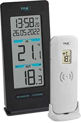 TFA Dostmann Funk-Thermometer Buddy, 30.3072.01, Außentemperatur und Innentemperatur, Höchst- und Tiefstwerte, Funkuhr, schwarz