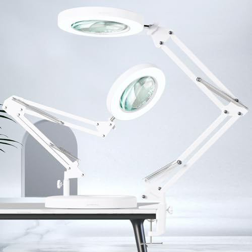 HITTI 10X Magnifying Glass with Light, 1,800 Lumens Stepless Dimmable, 3 Color Modes, 4.2″ Real Glass Lens LED Magnifying Desk Lamp & Clamp, Magnifier Light and Stand for Crafts Close Work-White