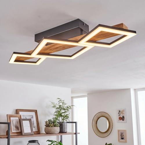 HOFSTEIN LED Deckenleuchte Tavon, moderne Deckenlampe aus Metall/Holz/Kunststoff in Schwarz/Natur/Weiß, Balken aus Echtholz, 1560 Lumen, 3000 Kelvin, 29 Watt, Esszimmer, Wohnzimmer, Schlafzimmer