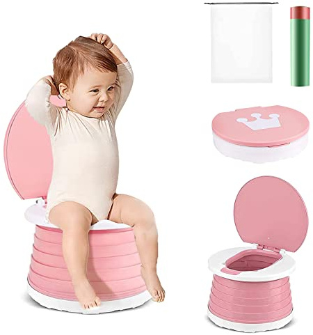 Bebé Inodoro Plegables,Inodoro Infantil Plegable,Asiento Inodoro Plegable, Portátil Reductor WC,Entrenamiento para Bebés con Orinal de Viaje al Aire libre en Interiores con (Rosado)