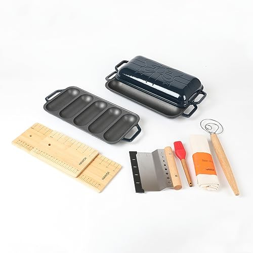 HAWOK Enameled Cast lron Baguette Bread Baker, 3-in-1 Baking Set with Full Baguette Tray, 5-Slot Mini Roll Tray & Reversible Lid Pan, 15 x 6.7 inch, Navy Blue