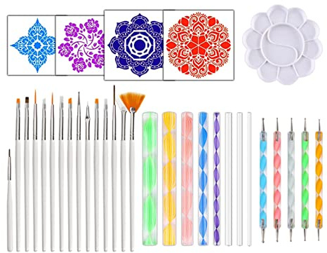 Cankypu 33st Mandala Dotting Tool Set med schabloner Palett Pensel K Stylus pennor för att måla stenar Naar Canvas Målarfärg Konst Ritning