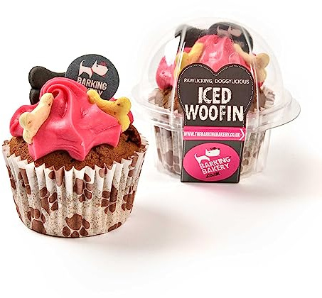 The Barking Bakery Johannisbrot-Woofin mit rosa Zuckerguss, Hunde-Cupcake für mittelgroße und große Hunde, Leckereien für Geburtstage und Anlässe, Zutaten in Menschenqualität, handgefertigt