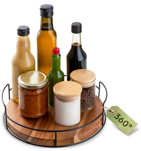 Praknu Lazy Susan Roterande Tallrik - Av hållbar FSC® Akaciaträ - 360° Snurrbricka Köks Organizer - Halkfri Roterande Bricka - 23 cm - Organisatör för Skåp