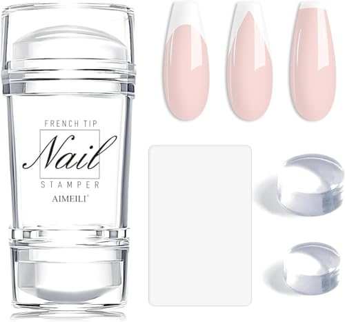 AIMEILI French Tip Nail Stamp - 4PCS Nail Art Stamper Kit Clear Nail Stamper Estampado de uñas de silicona Estampador de gelatina de doble cabeza para uñas con raspadores para manicura francesa